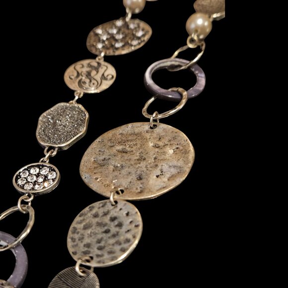 Premier Designs Long Mixed Metal Textured Disc Necklace – Silver & Pearl Accents - Picture 4 of 5